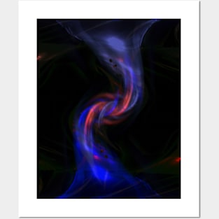 Digital collage and special processing. Source of energy. Sci-fi. Green, red and blue. Two joined flows. Posters and Art